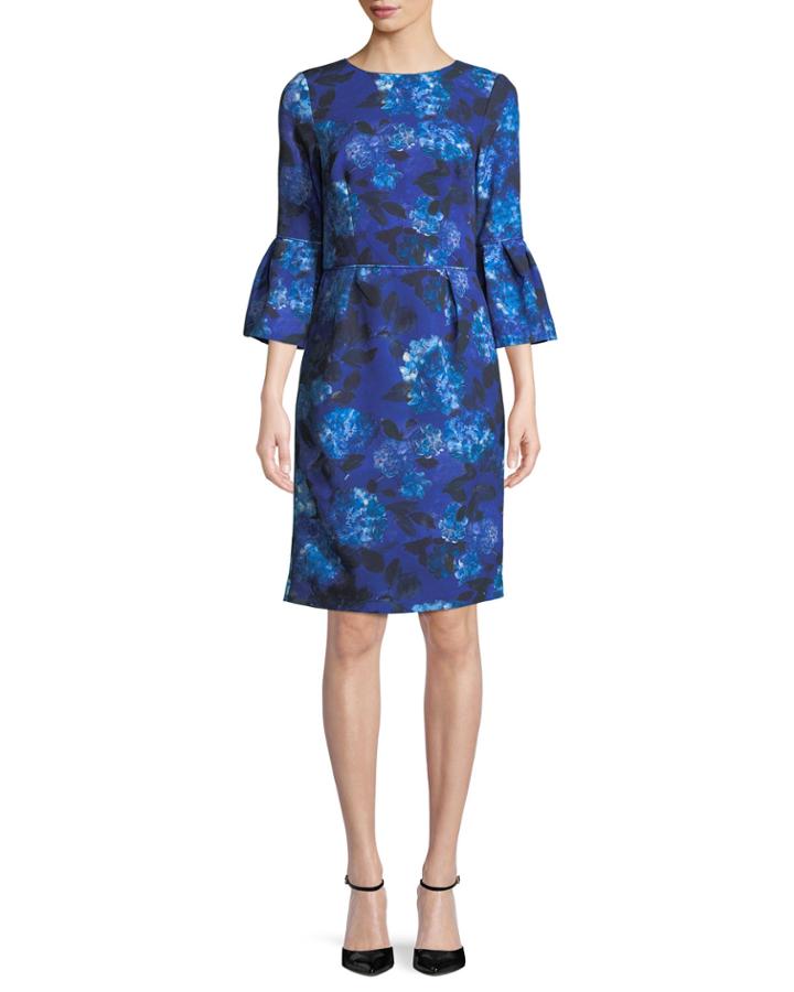 Jewel-neck Bell-sleeve Floral-print Crepe Sheath Cocktail Dress