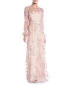 Long-sleeve Embroidered Floral Gown