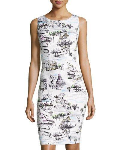 Rome-print Sleeveless Sheath Dress, White Pattern