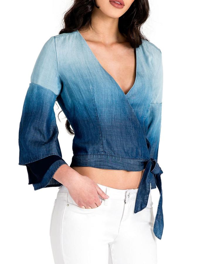 Lily Ombre Denim Bell-sleeve Wrap Crop Top