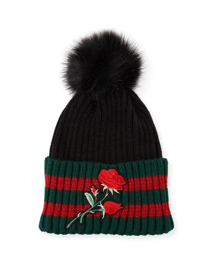 Rose Striped Beanie With Pompom