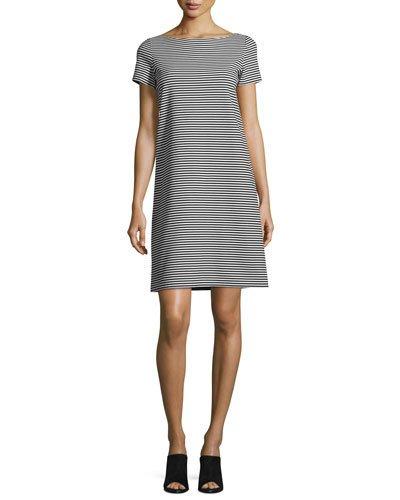 Cross-back Textured Striped Jersey Shift Dress, Black/white