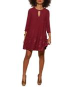 Embroidered Keyhole Swing Dress, Cranberry