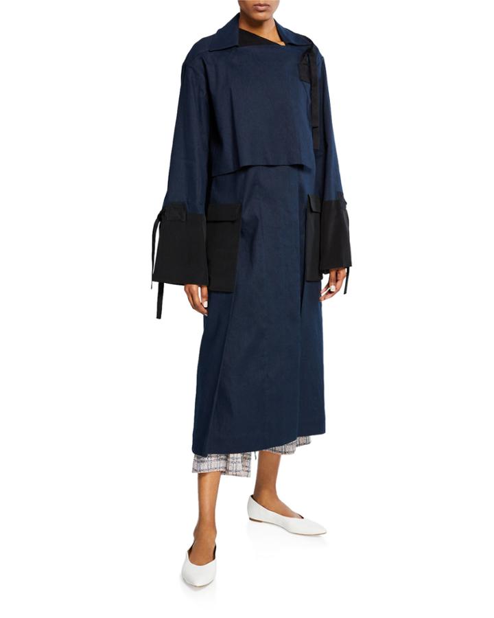 Canvas Colorblocked Tie-sleeve Trench Coat