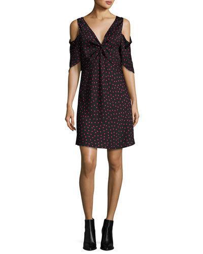 Polka-dot Satin Cold-shoulder Mini Dress, Black