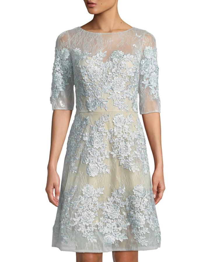 Round-neck Elbow-sleeve Fit-and-flare Floral-embroidered