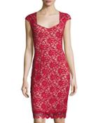 Lace-overlay Sheath Dress, Red