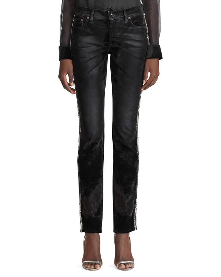 Crystal-striped Worn Velvet Jeans