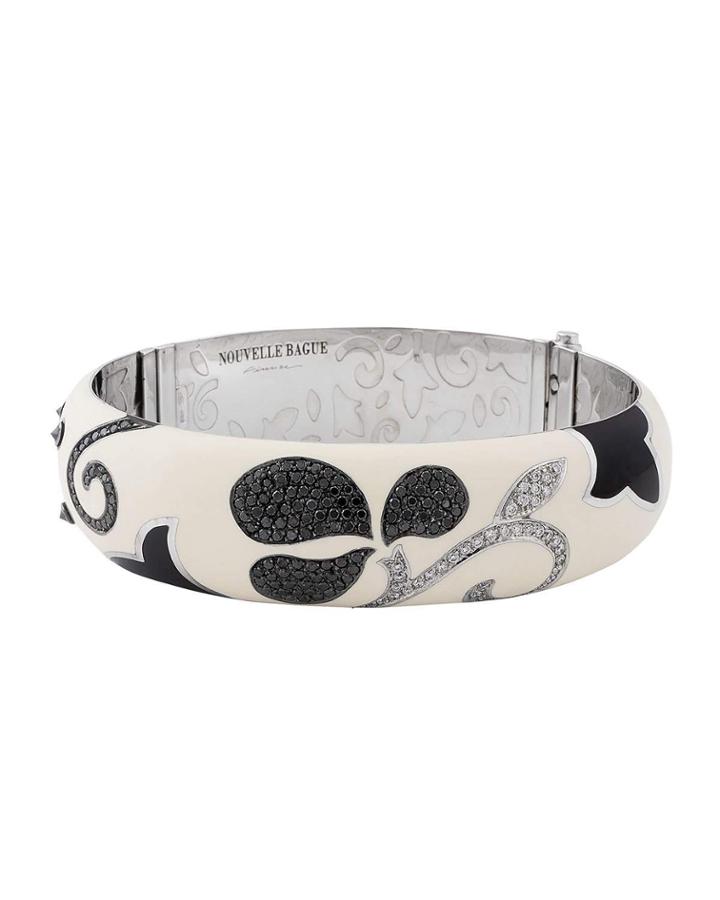 18k White Gold Wide Enamel Bangle W/ Mixed Diamond Pave, White