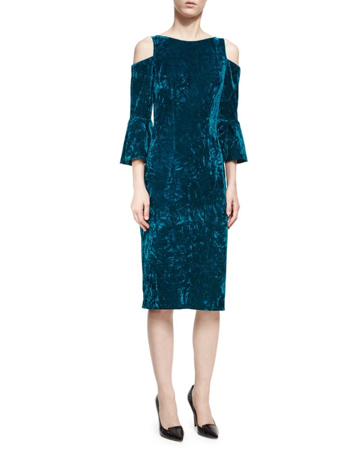 Velvet Cold-shoulder Sheath Dress, Peacock