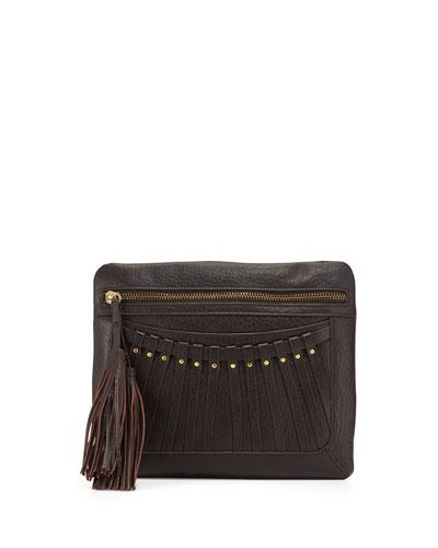 Bitten Leather Tassel Clutch Bag, Brown