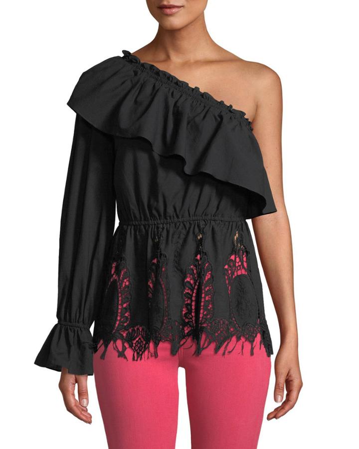 Ruffle Lace-embroidered One-shoulder Top