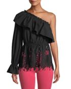 Ruffle Lace-embroidered One-shoulder Top