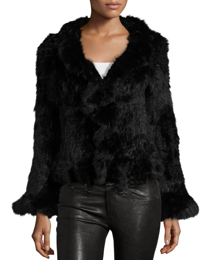 Love Token Mid-length Ruffled Rabbit-fur Jacket, Black, Women's,