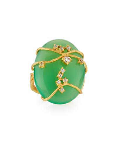 Golden Green Chalcedony & Crystal Vine Ring