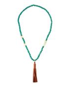 Long Paper & Glass Beaded Necklace W/ Leather Tassel, Teal