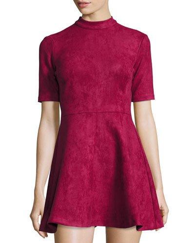 Mock-neck Faux-suede Fit & Flare Dress, Burgundy