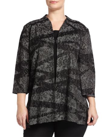 Ming Wang Plus Three-quarter-sleeve Stand-collar Mixed-print Jacket, Gray/black, Women's,