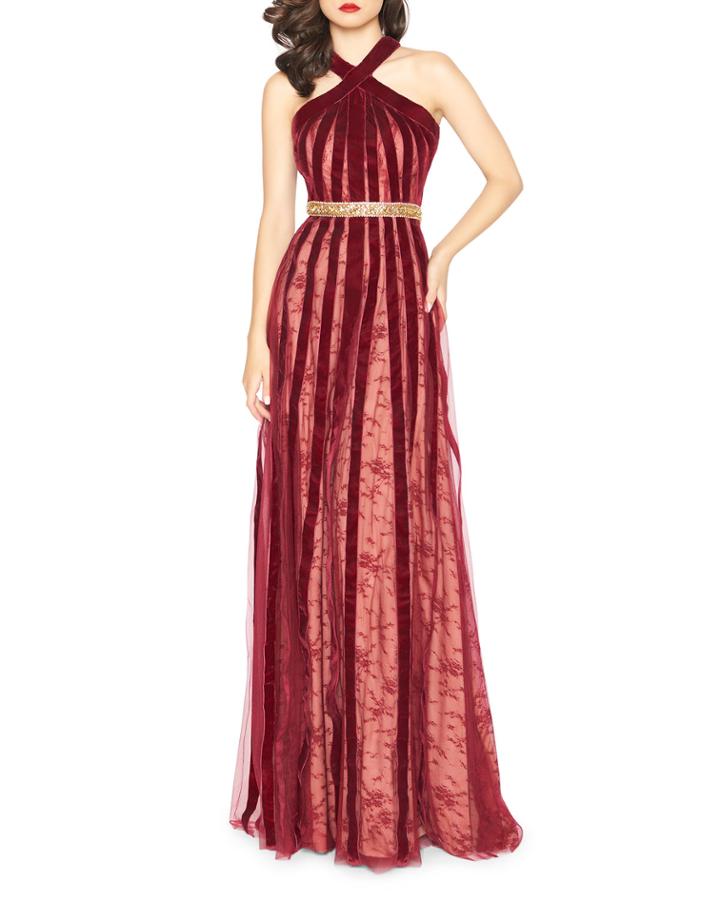 Velvet Lace Panel Halter Gown
