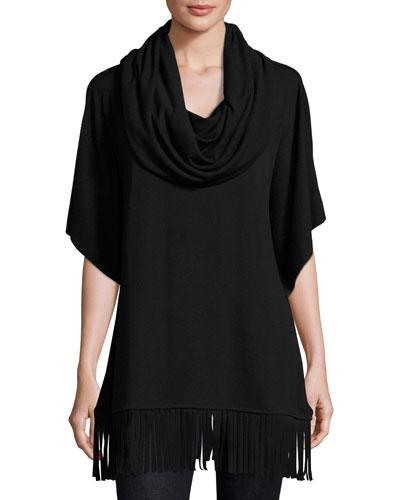 Fringed Cowl-neck Top, Black