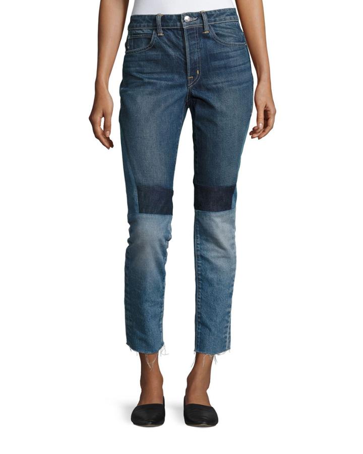 Patchwork High-rise Crop Slim Jeans, Blue