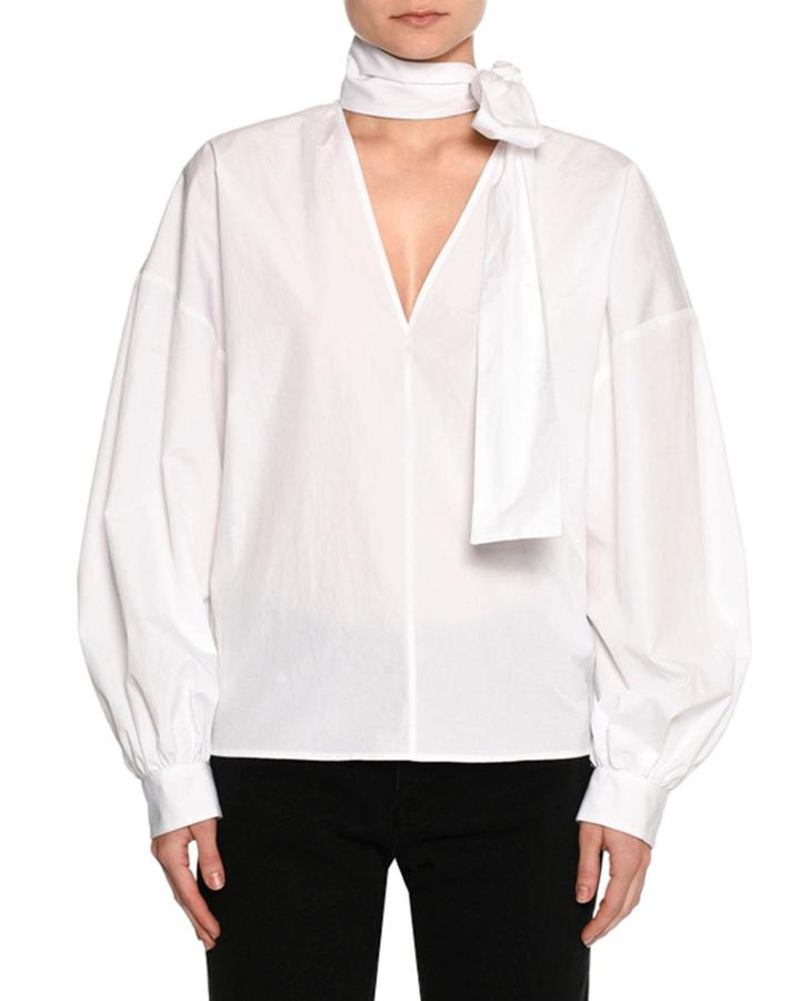 Poplin Long-sleeve Tie-neck Blouse, White