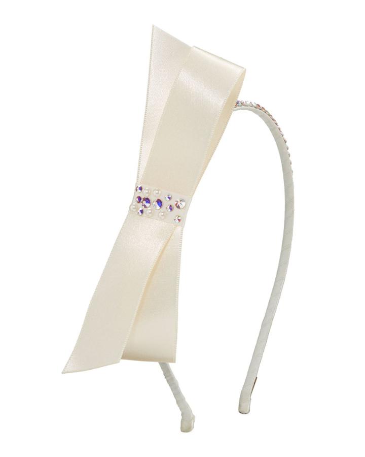 Girl's Satin Bow Headband W/ Crystal Trim