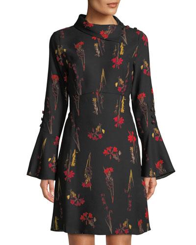 Botanical Print Fold-over Collar Dress