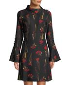 Botanical Print Fold-over Collar Dress