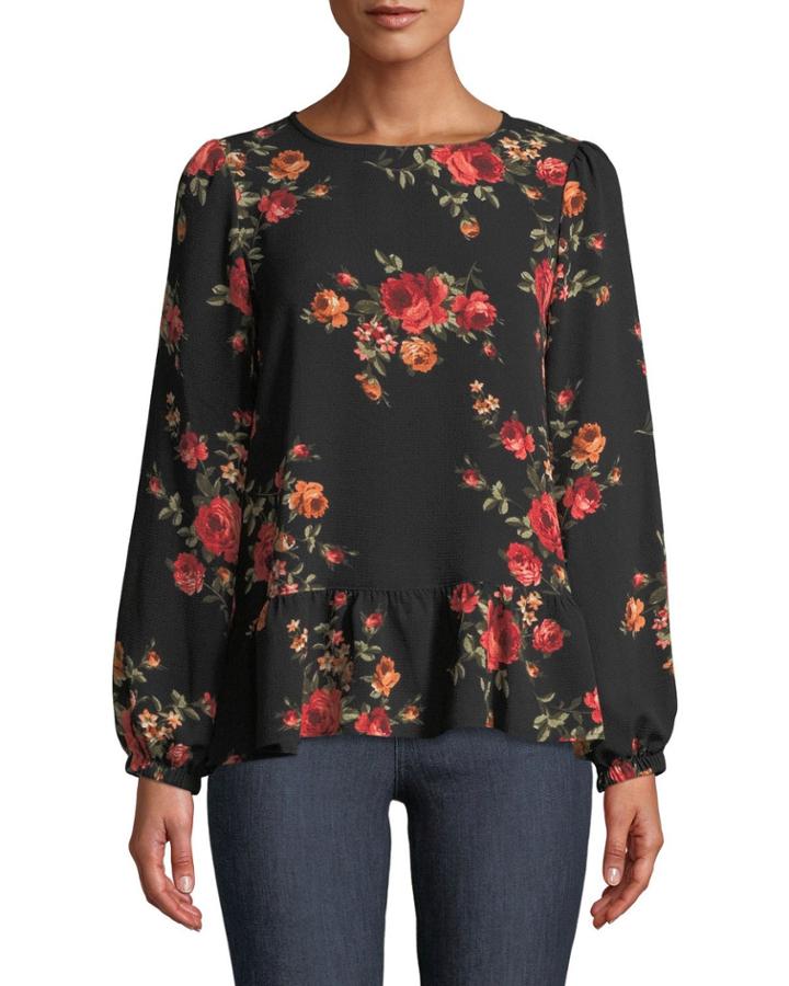 Floral Stretch-crepe Peplum Blouse