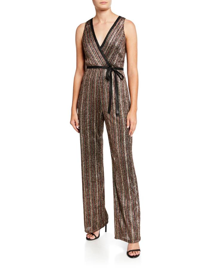 Pleated Metallic Stripe Sleeveless Jumpsuit