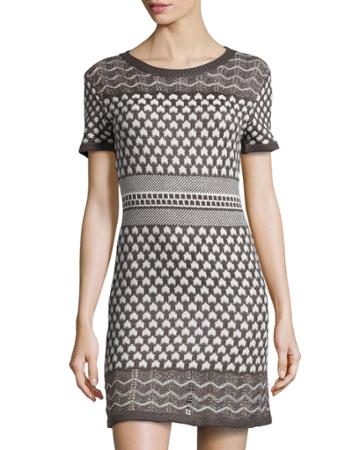 Neiman Marcus Short-sleeve Patterned Sweaterdress, Iron/pearl Gray - (large)
