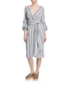 Ruched-sleeve Striped Wrap Dress