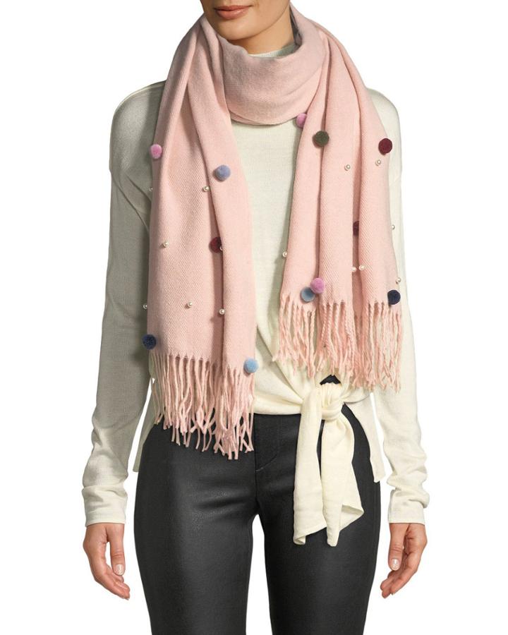 Fringed Muffler Scarf W/ Pearls And Pompoms