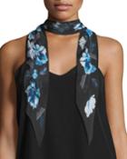 Floral Super Skinny Silk Scarf, Blue/black