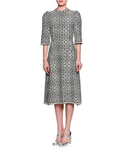Half-sleeve Houndstooth Polka-dot Dress, Black/white/silver