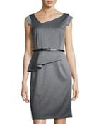 Asymmetric-neckline Ombre Suiting Dress, Gray/black