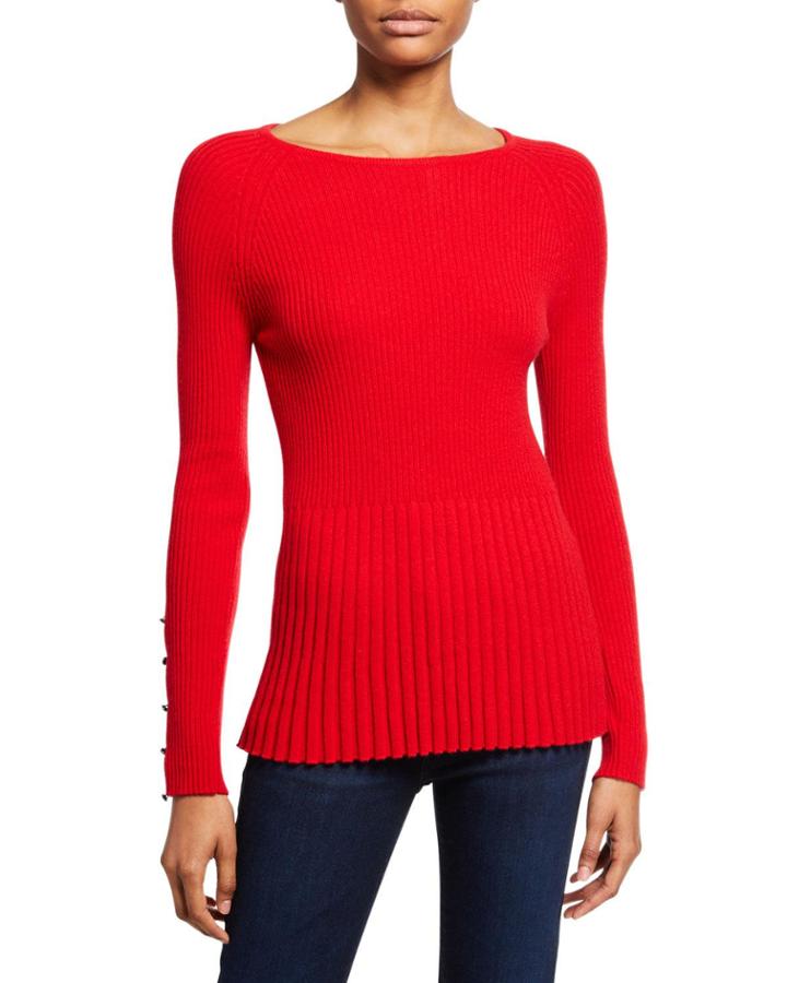 Ribbed Cashmere Peplum Sweater W/ Button