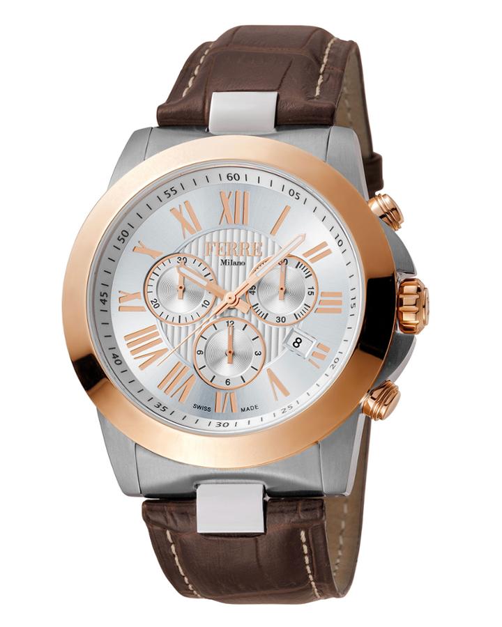 Men's 44mm Stainless Steel Roman Diver Watch With Leather Strap, Rose/steel/brown