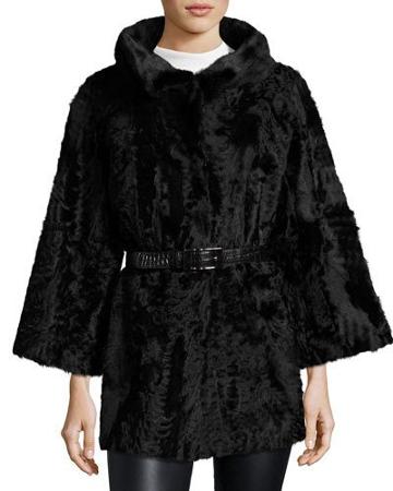 Stand-collar Belted Fur Coat, Black