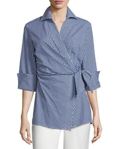 Honeycomb-dot Wrap Blouse, Navy/white