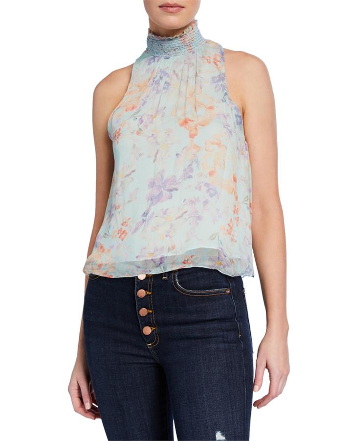 Annmarie Floral-print Smocked Turtleneck Tank Top