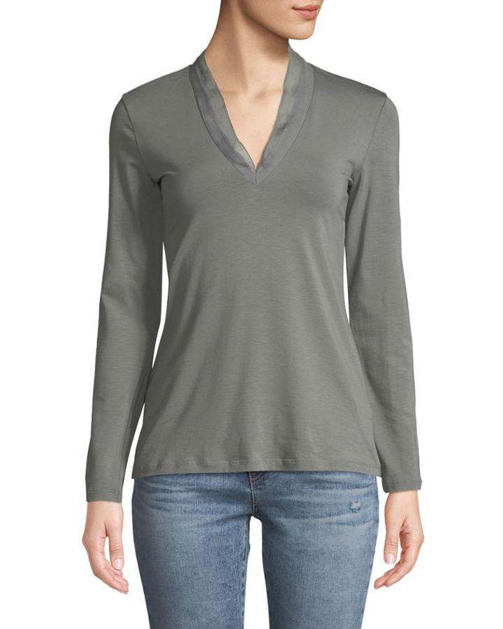 Chiffon-trimmed Long-sleeve Jersey Tee