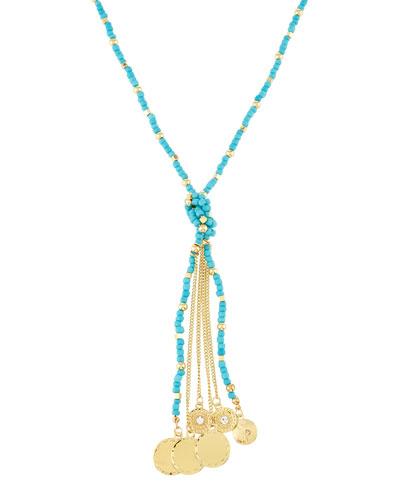 Long Beaded Disc Tassel Necklace, Turquoise