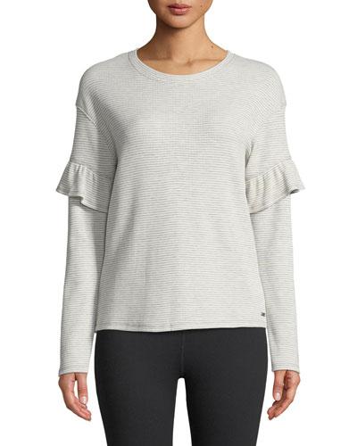 Ruffle-sleeve Striped Thermal Tee