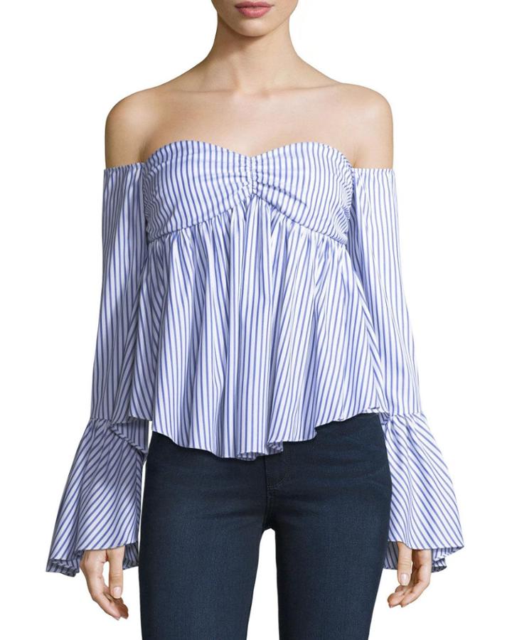 Max Off-the-shoulder Bell-sleeve Striped Poplin Top