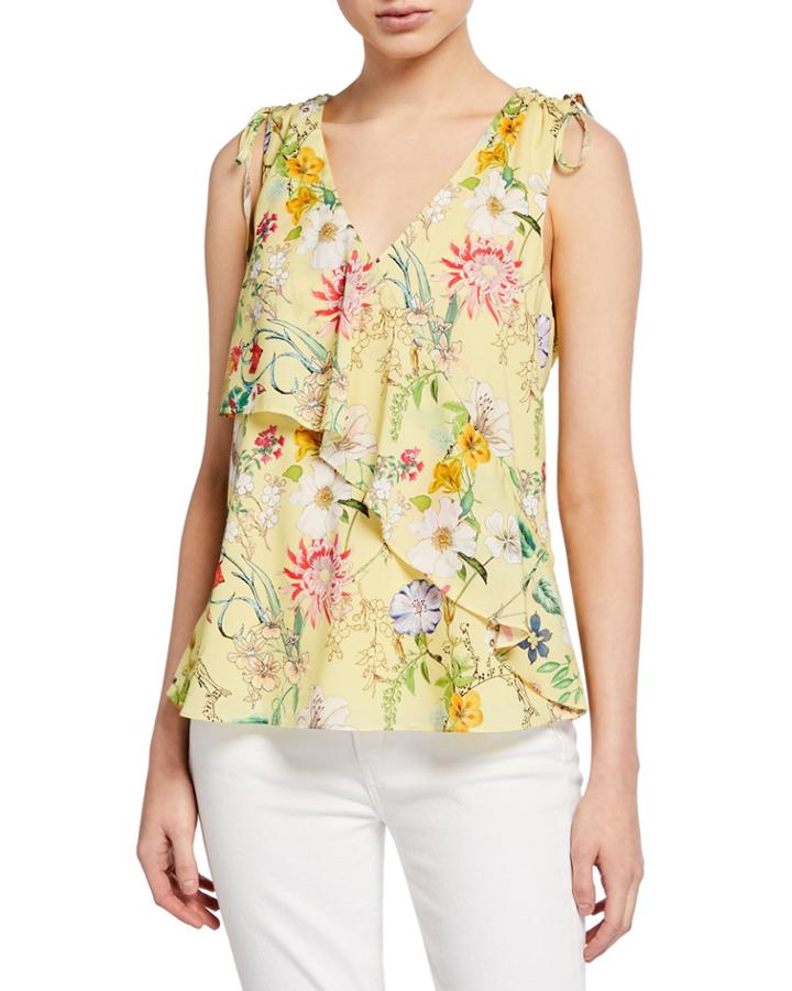 Floral V-neck Sleeveless Tie-shoulder Ruffle Top
