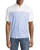Slim-fit Engineer-striped Short-sleeve Sport Shirt, Blue/white