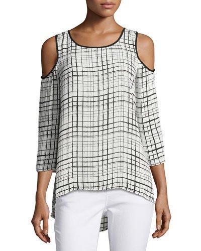 Round-neck 3/4-sleeve Grid-print Blouse,