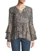 Tiered Bell-sleeve Leopard-print Blouse